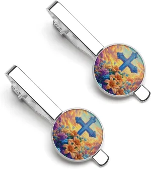 Cross Flower Men's Tie Clip Tie Bar Round Tie Clasp Classic Tie Tack Pins Jewelry Accessories