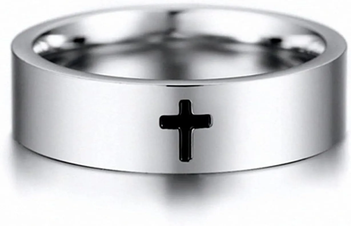 Cross Rings for Men, 18K Gold Plated Mens Rings Stainless Steel Silver Lord Prayer Jesus Christian Black Pinky Ring, Ring Size 5 to 13