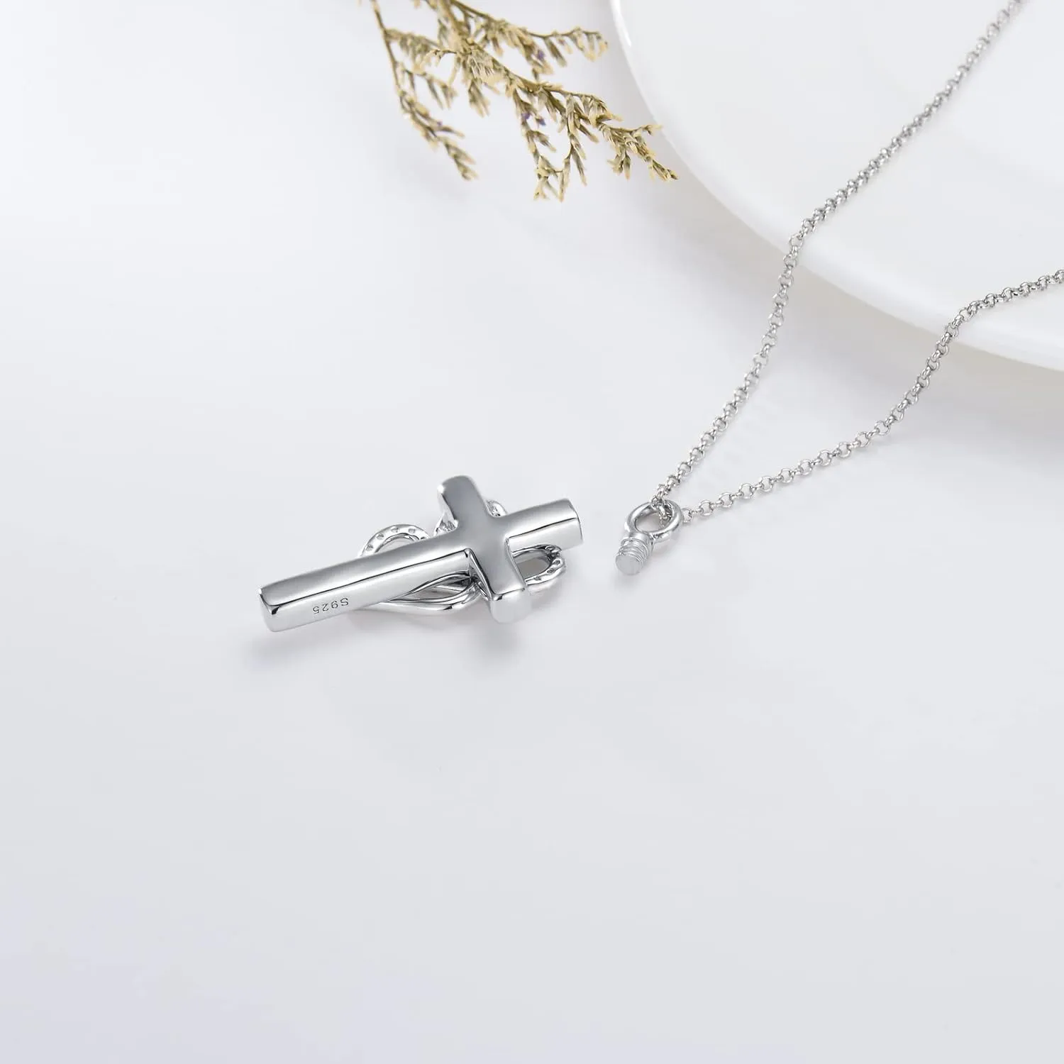 Cross Urn Necklace for Ashes 925 Sterling Silver Cross Birthstone/Birth Flower Cremation Necklaces Custom Personalized Name Memorial Keepsake Cross Jewelry Pendant for Women Men