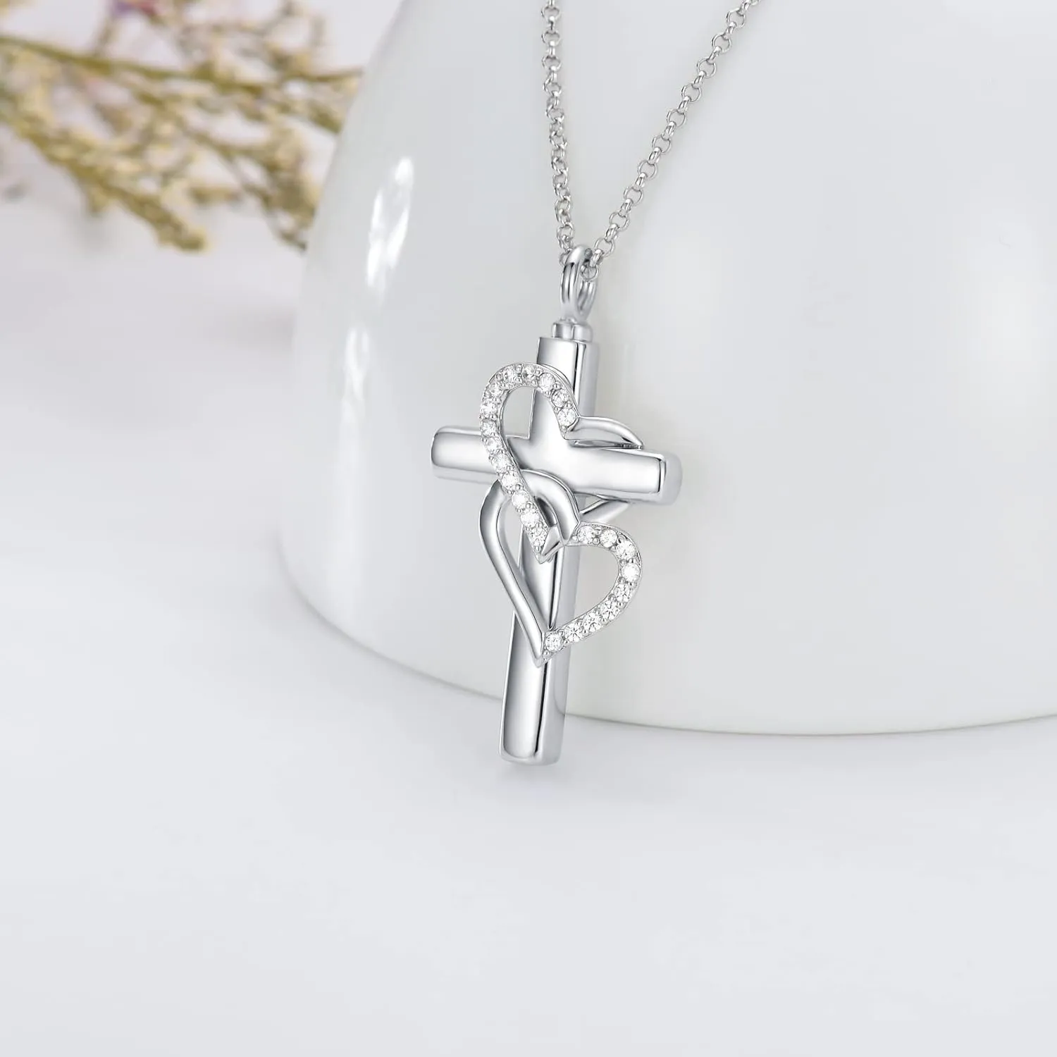 Cross Urn Necklace for Ashes 925 Sterling Silver Cross Birthstone/Birth Flower Cremation Necklaces Custom Personalized Name Memorial Keepsake Cross Jewelry Pendant for Women Men