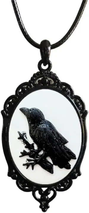 Crow Cameo Pendant Necklace for Women Men Vintage Gothic Leather Rope Chain Black Raven Embossed Animal Choker Necklaces Punk Halloween Mystic Witch Costume Goth Dark Style Jewelry Norse Mythology Amulet Gifts
