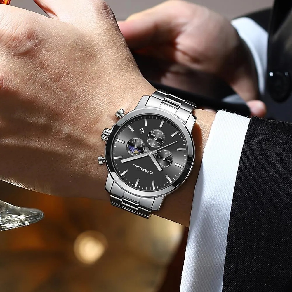 CRRJU Watches for Men Luxury Business Stainless Steel Waterproof Calendar Chronograph Analog Quartz Wristwatches
