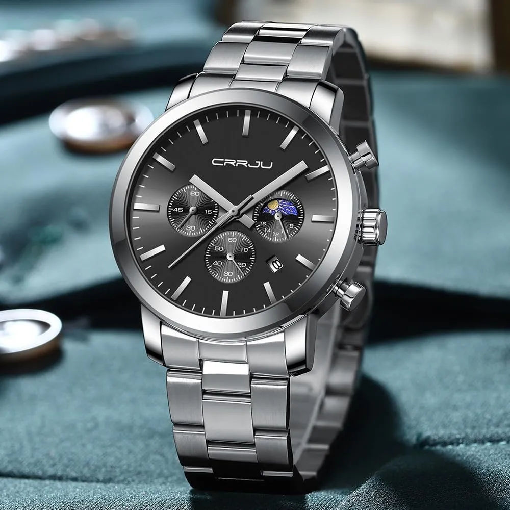 CRRJU Watches for Men Luxury Business Stainless Steel Waterproof Calendar Chronograph Analog Quartz Wristwatches