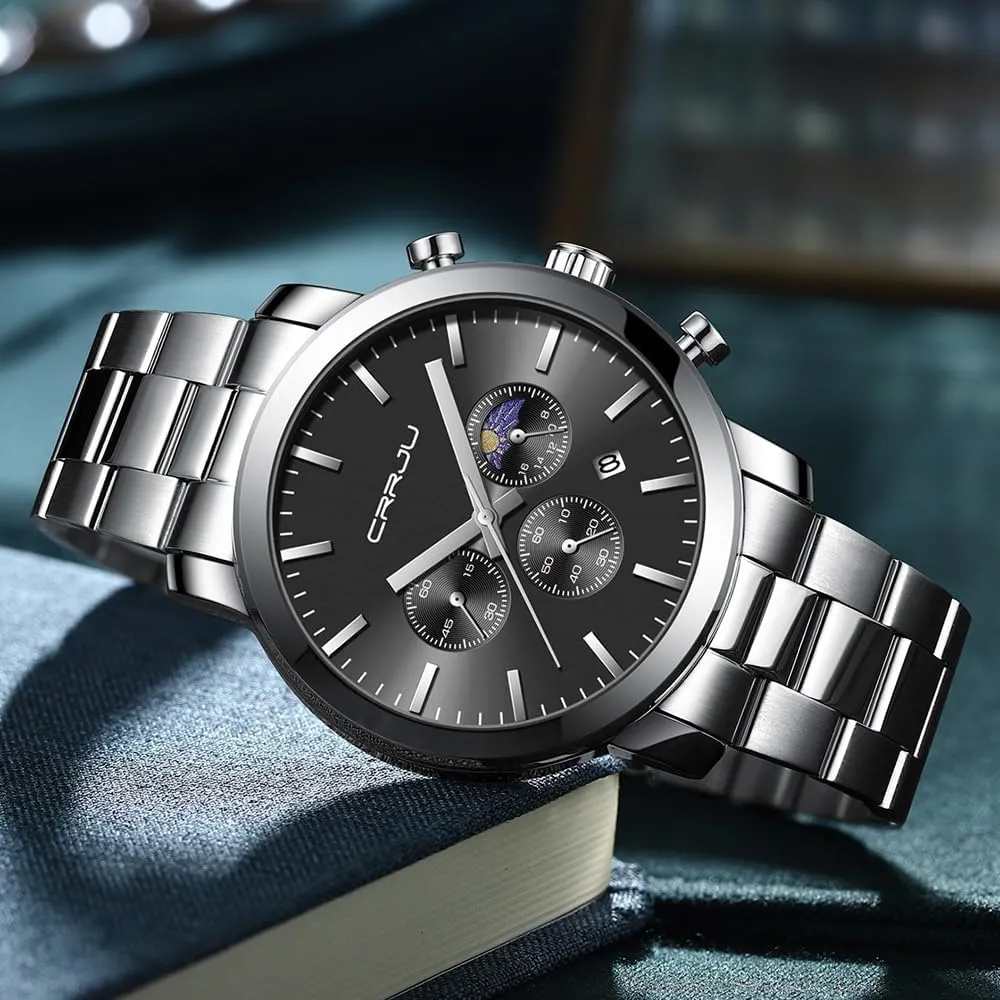 CRRJU Watches for Men Luxury Business Stainless Steel Waterproof Calendar Chronograph Analog Quartz Wristwatches