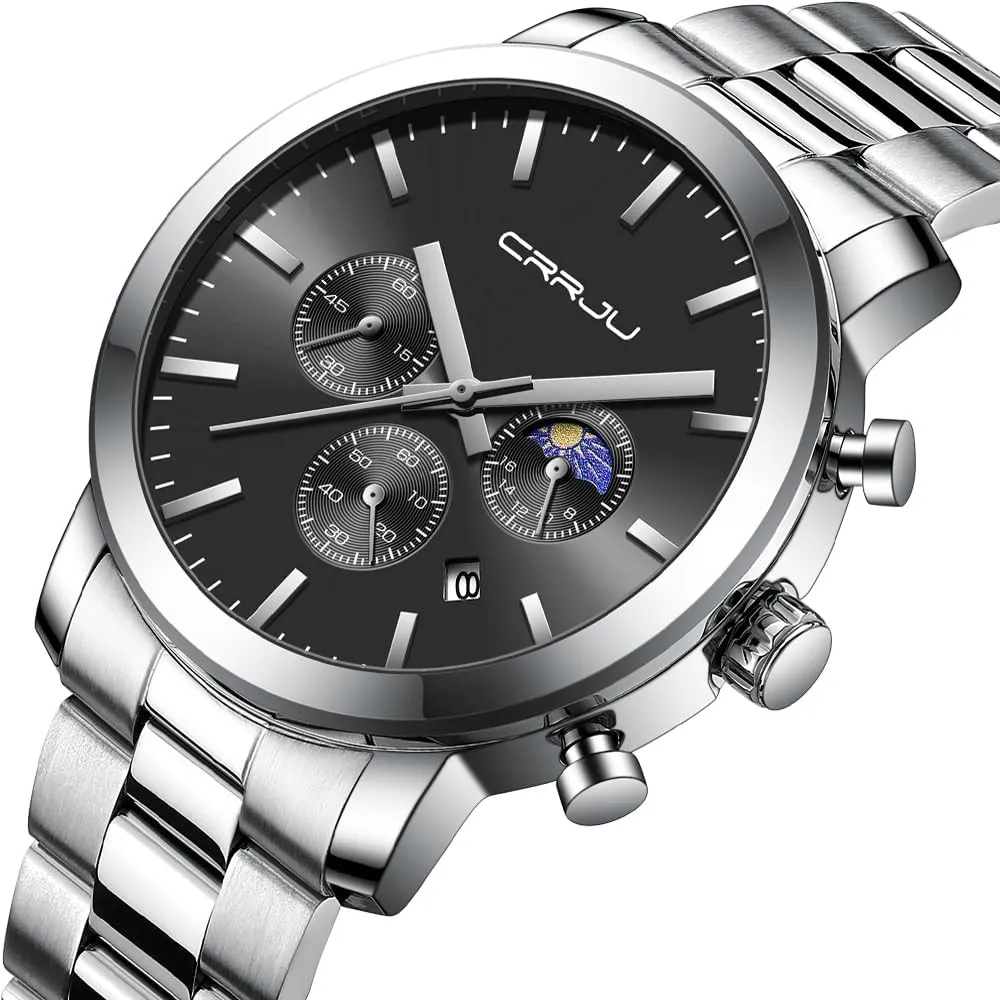 CRRJU Watches for Men Luxury Business Stainless Steel Waterproof Calendar Chronograph Analog Quartz Wristwatches