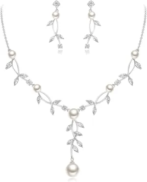 Crysdue Floral Bridal Jewelry for Wedding, Cubic Zirconia Wedding Jewelry Set for Bride Bridesmaid, Elegant Simulated Pearl Cluster Necklace Earrings Set for Wedding Prom Party