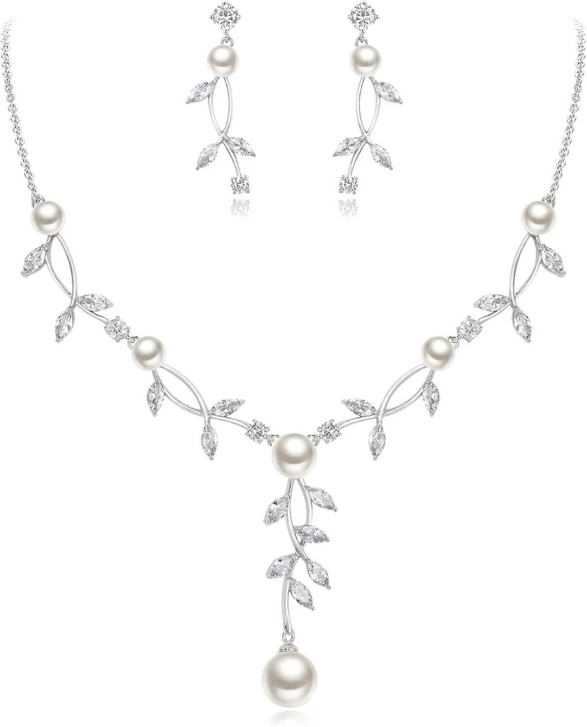 Crysdue Floral Bridal Jewelry for Wedding, Cubic Zirconia Wedding Jewelry Set for Bride Bridesmaid, Elegant Simulated Pearl Cluster Necklace Earrings Set for Wedding Prom Party