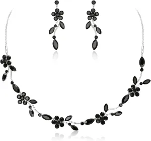 Crysdue Flower Bride Jewelry Set for Women Bridesmaid, Elegant Czech Diamond Floral Leaf Statement Necklace Dangle Earrings, Wedding Prom Party Jewellery