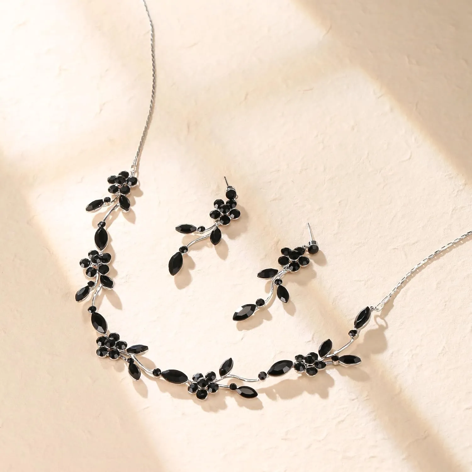 Crysdue Flower Bride Jewelry Set for Women Bridesmaid, Elegant Czech Diamond Floral Leaf Statement Necklace Dangle Earrings, Wedding Prom Party Jewellery
