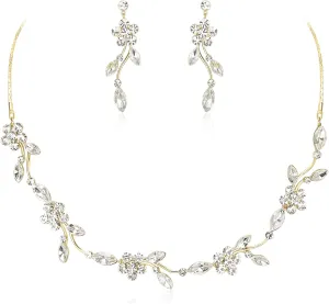 Crysdue Flower Bride Jewelry Set for Women Bridesmaid, Elegant Czech Diamond Floral Leaf Statement Necklace Dangle Earrings, Wedding Prom Party Jewellery