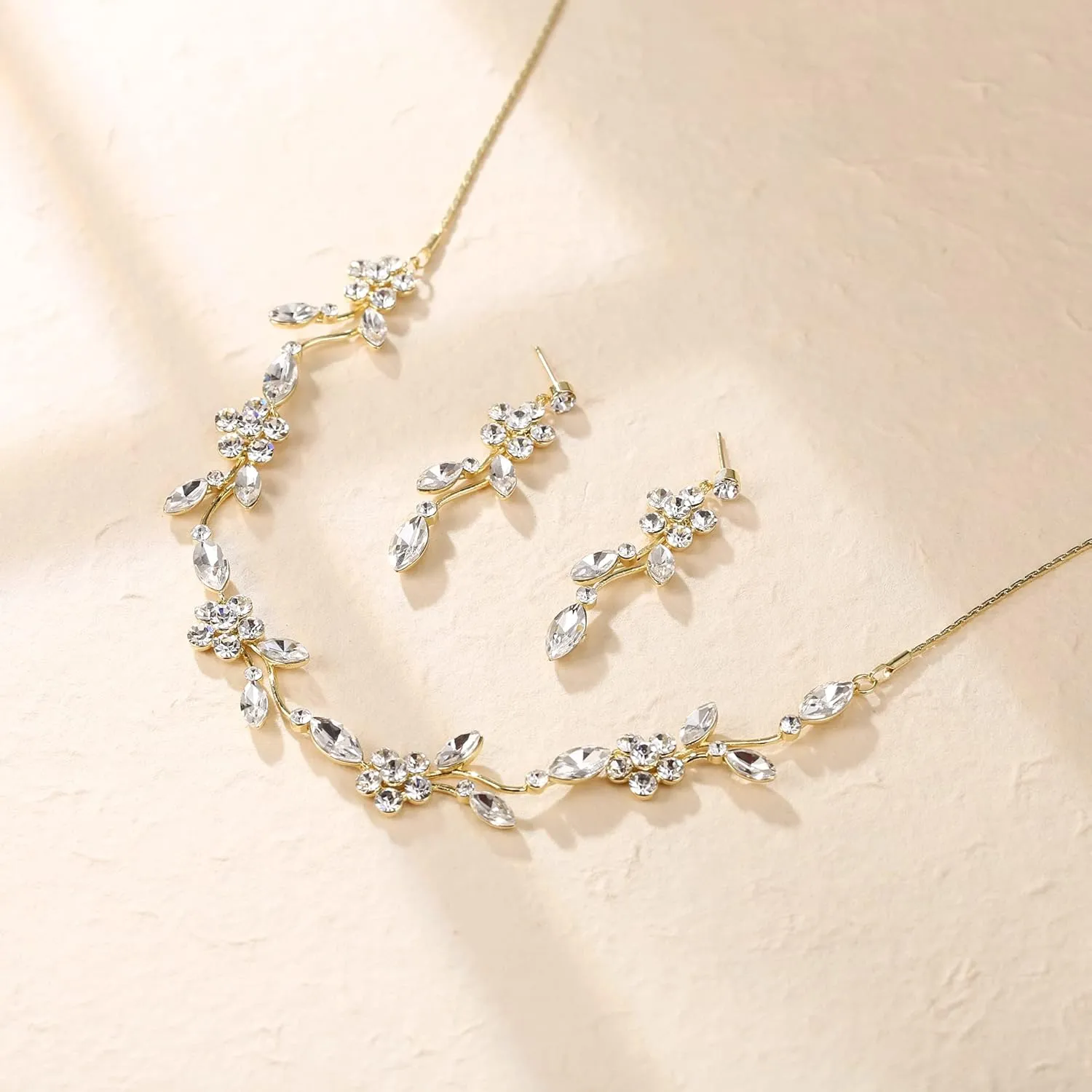 Crysdue Flower Bride Jewelry Set for Women Bridesmaid, Elegant Czech Diamond Floral Leaf Statement Necklace Dangle Earrings, Wedding Prom Party Jewellery
