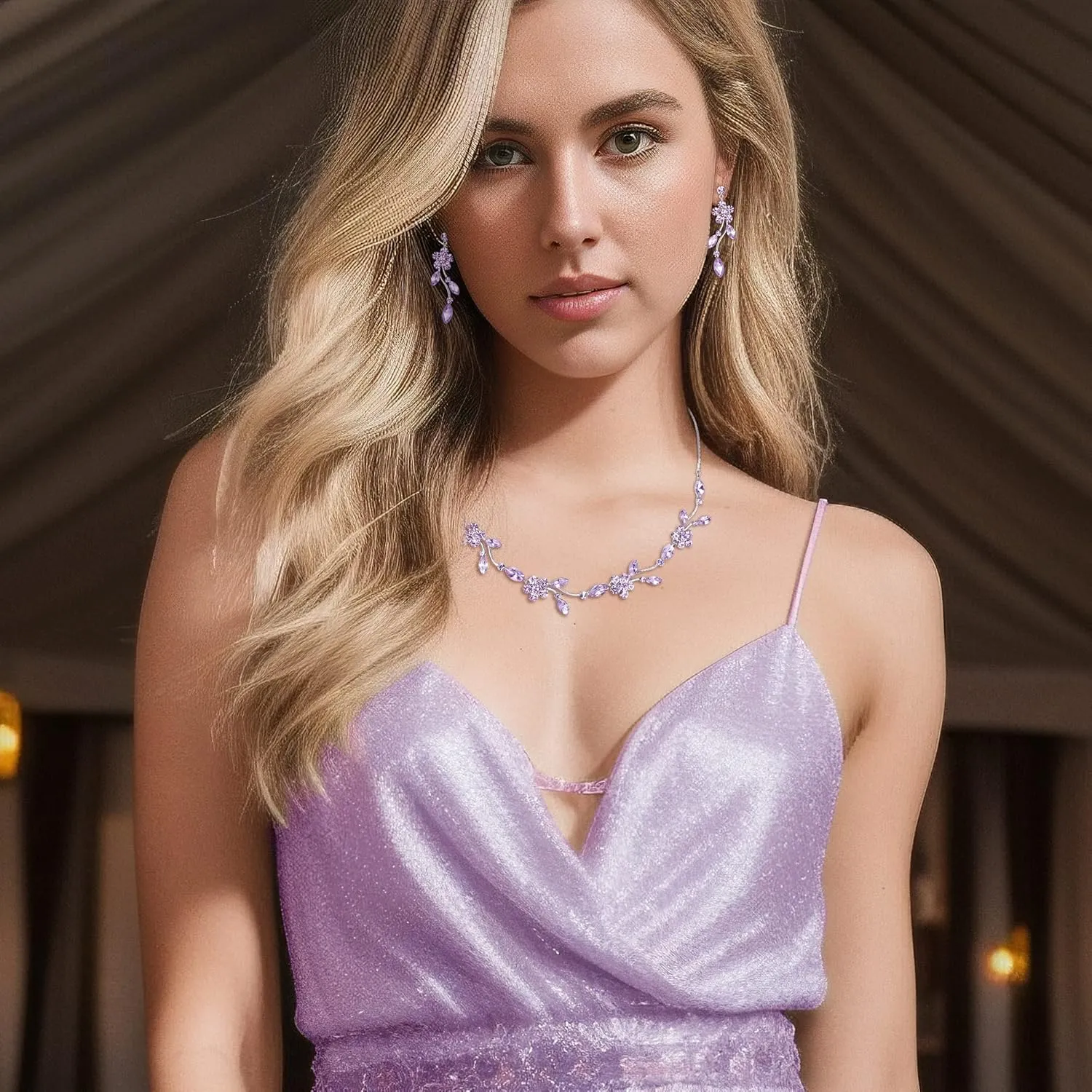 Crysdue Flower Bride Jewelry Set for Women Bridesmaid, Elegant Czech Diamond Floral Leaf Statement Necklace Dangle Earrings, Wedding Prom Party Jewellery