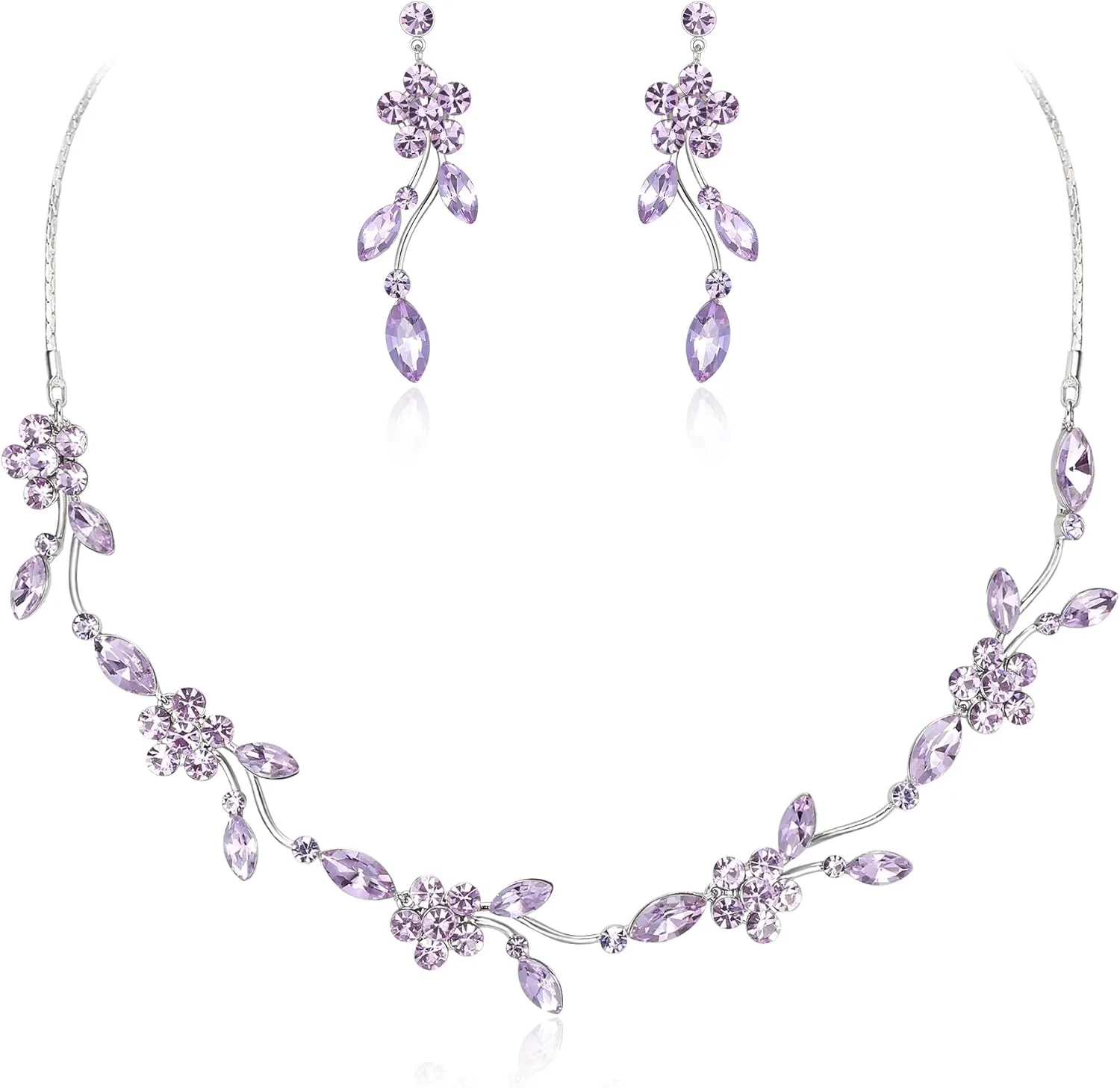 Crysdue Flower Bride Jewelry Set for Women Bridesmaid, Elegant Czech Diamond Floral Leaf Statement Necklace Dangle Earrings, Wedding Prom Party Jewellery