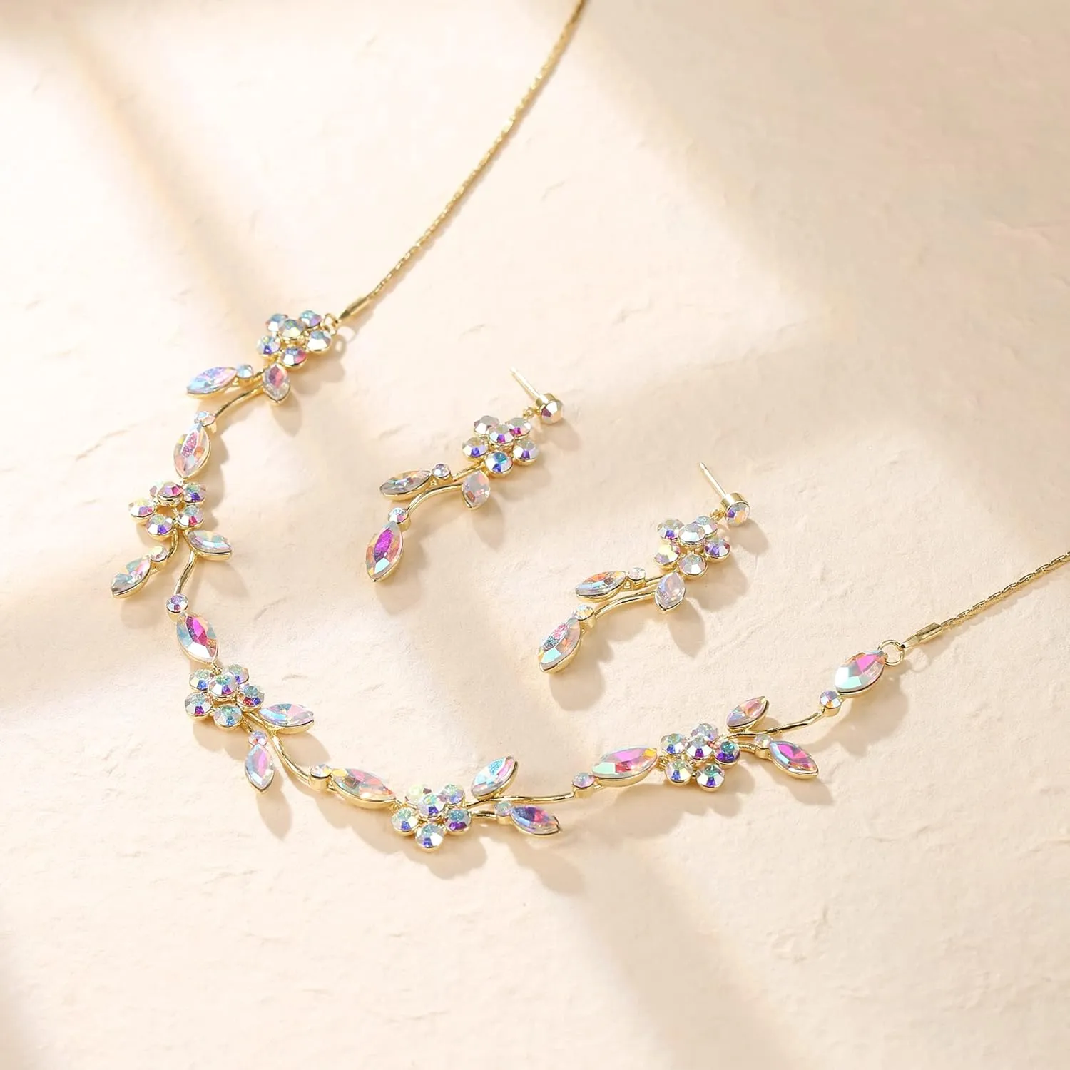 Crysdue Flower Bride Jewelry Set for Women Bridesmaid, Elegant Czech Diamond Floral Leaf Statement Necklace Dangle Earrings, Wedding Prom Party Jewellery
