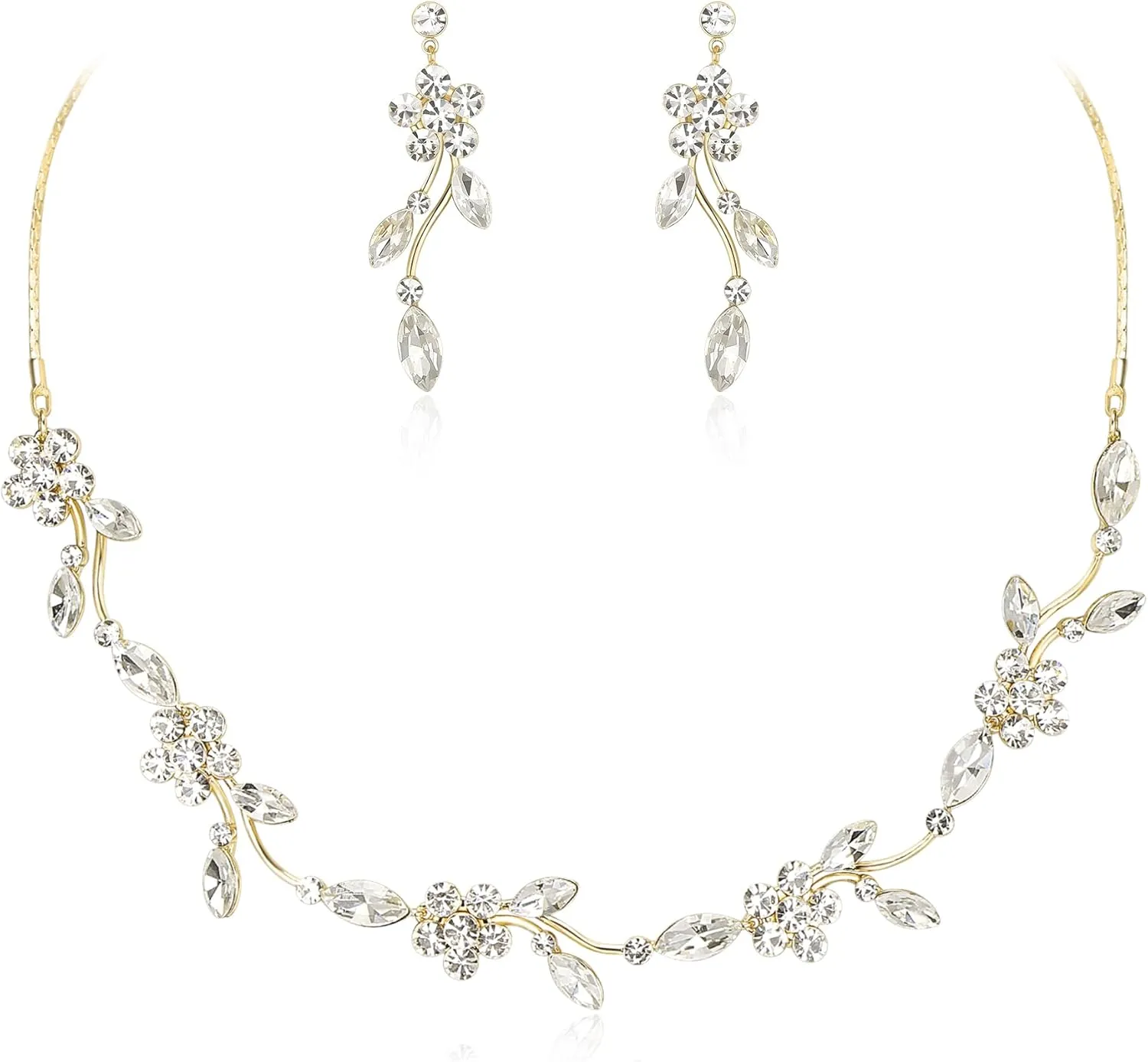 Crysdue Flower Bride Jewelry Set for Women Bridesmaid, Elegant Czech Diamond Floral Leaf Statement Necklace Dangle Earrings, Wedding Prom Party Jewellery