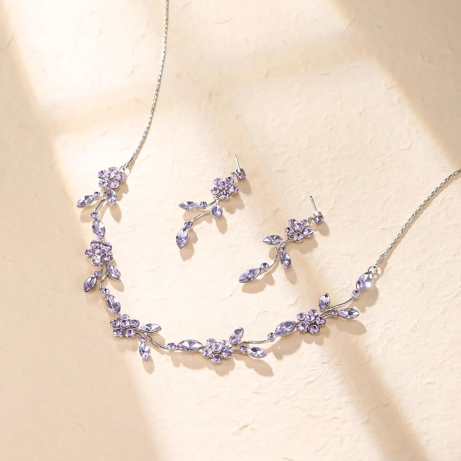 Crysdue Flower Bride Jewelry Set for Women Bridesmaid, Elegant Czech Diamond Floral Leaf Statement Necklace Dangle Earrings, Wedding Prom Party Jewellery