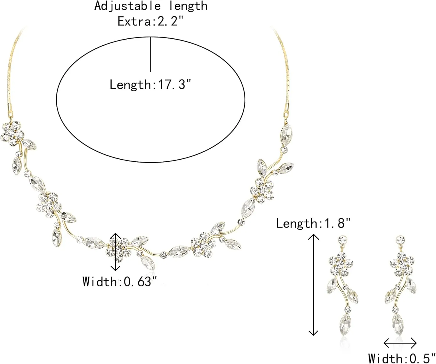 Crysdue Flower Bride Jewelry Set for Women Bridesmaid, Elegant Czech Diamond Floral Leaf Statement Necklace Dangle Earrings, Wedding Prom Party Jewellery
