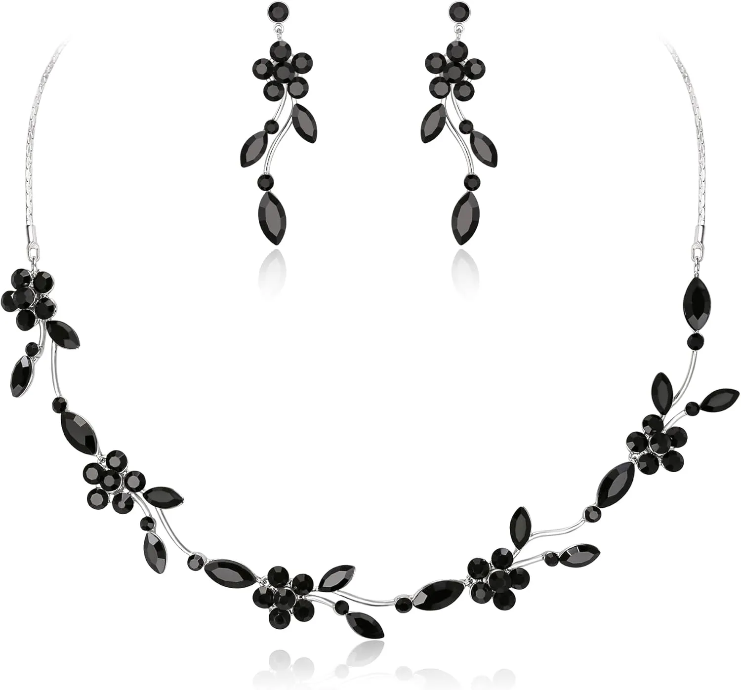 Crysdue Flower Bride Jewelry Set for Women Bridesmaid, Elegant Czech Diamond Floral Leaf Statement Necklace Dangle Earrings, Wedding Prom Party Jewellery
