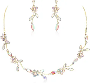 Crysdue Flower Bride Jewelry Set for Women Bridesmaid, Elegant Czech Diamond Floral Leaf Statement Necklace Dangle Earrings, Wedding Prom Party Jewellery