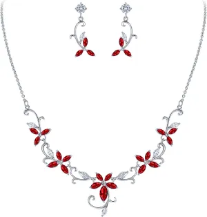 Crysdue Flower Leaf Wedding Jewelry Set for Bridal Bridemaid, Cubic Zirconia Teardrop Elegant Silver/14K/Rose Gold Plated Vine Necklace Dangle Earrings for Prom Party