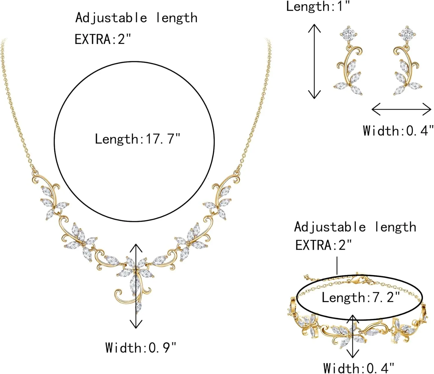 Crysdue Flower Leaf Wedding Jewelry Set for Bridal Bridemaid, Cubic Zirconia Teardrop Elegant Silver/14K/Rose Gold Plated Vine Necklace Dangle Earrings for Prom Party
