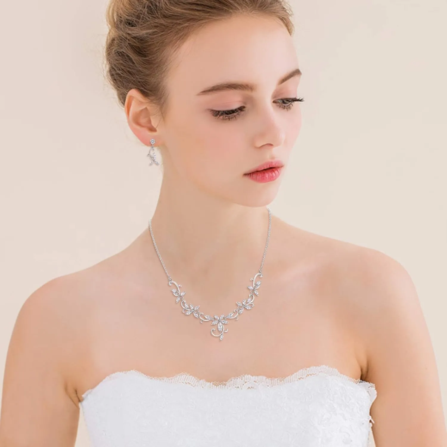 Crysdue Flower Leaf Wedding Jewelry Set for Bridal Bridemaid, Cubic Zirconia Teardrop Elegant Silver/14K/Rose Gold Plated Vine Necklace Dangle Earrings for Prom Party