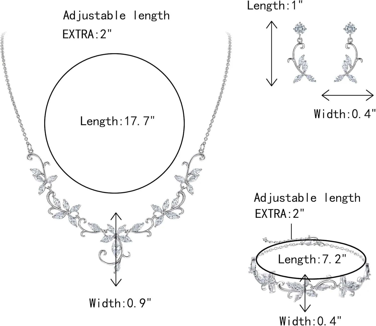 Crysdue Flower Leaf Wedding Jewelry Set for Bridal Bridemaid, Cubic Zirconia Teardrop Elegant Silver/14K/Rose Gold Plated Vine Necklace Dangle Earrings for Prom Party