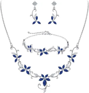 Crysdue Flower Leaf Wedding Jewelry Set for Bridal Bridemaid, Cubic Zirconia Teardrop Elegant Silver/14K/Rose Gold Plated Vine Necklace Dangle Earrings for Prom Party