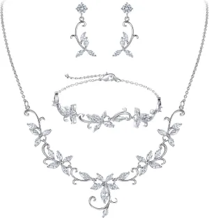 Crysdue Flower Leaf Wedding Jewelry Set for Bridal Bridemaid, Cubic Zirconia Teardrop Elegant Silver/14K/Rose Gold Plated Vine Necklace Dangle Earrings for Prom Party