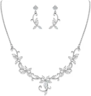 Crysdue Flower Leaf Wedding Jewelry Set for Bridal Bridemaid, Cubic Zirconia Teardrop Elegant Silver/14K/Rose Gold Plated Vine Necklace Dangle Earrings for Prom Party