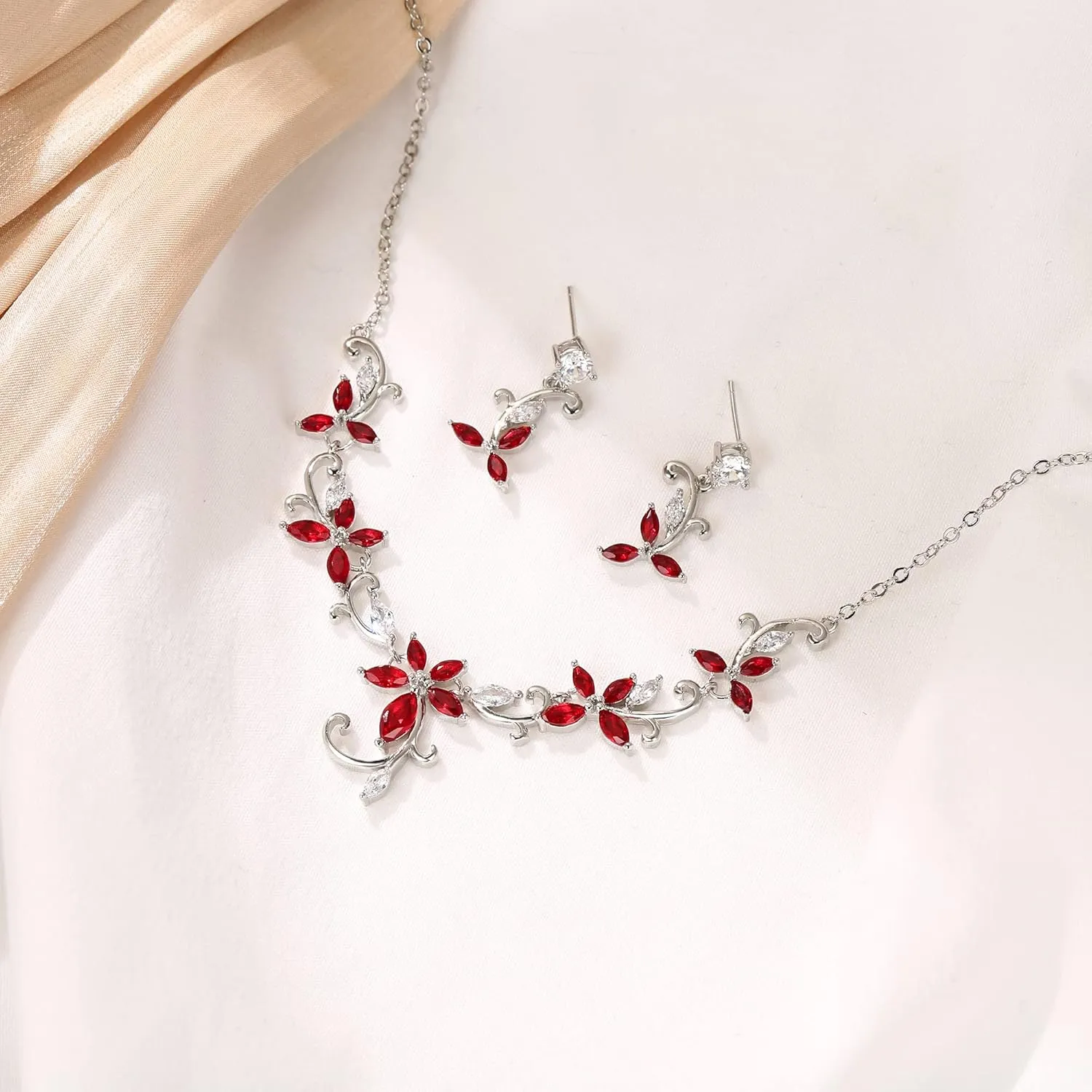 Crysdue Flower Leaf Wedding Jewelry Set for Bridal Bridemaid, Cubic Zirconia Teardrop Elegant Silver/14K/Rose Gold Plated Vine Necklace Dangle Earrings for Prom Party