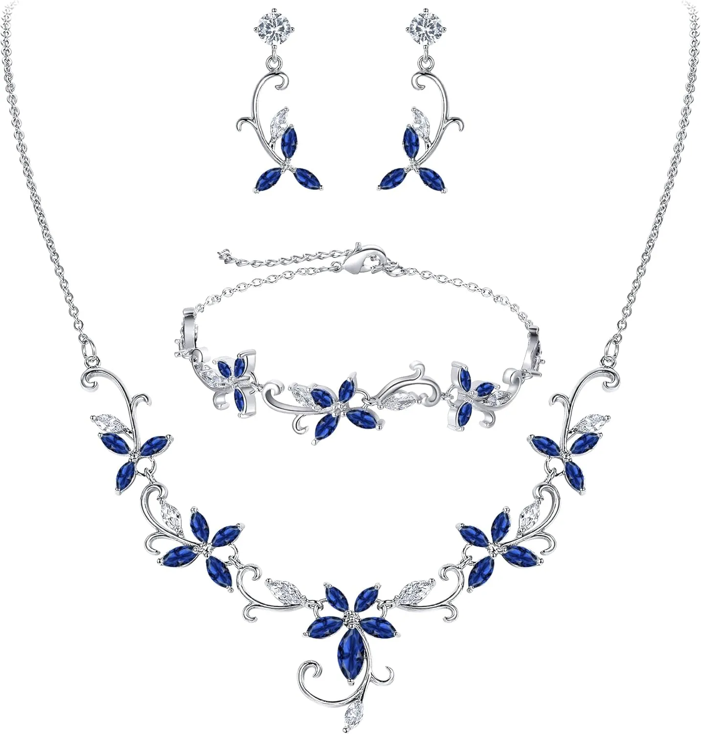 Crysdue Flower Leaf Wedding Jewelry Set for Bridal Bridemaid, Cubic Zirconia Teardrop Elegant Silver/14K/Rose Gold Plated Vine Necklace Dangle Earrings for Prom Party