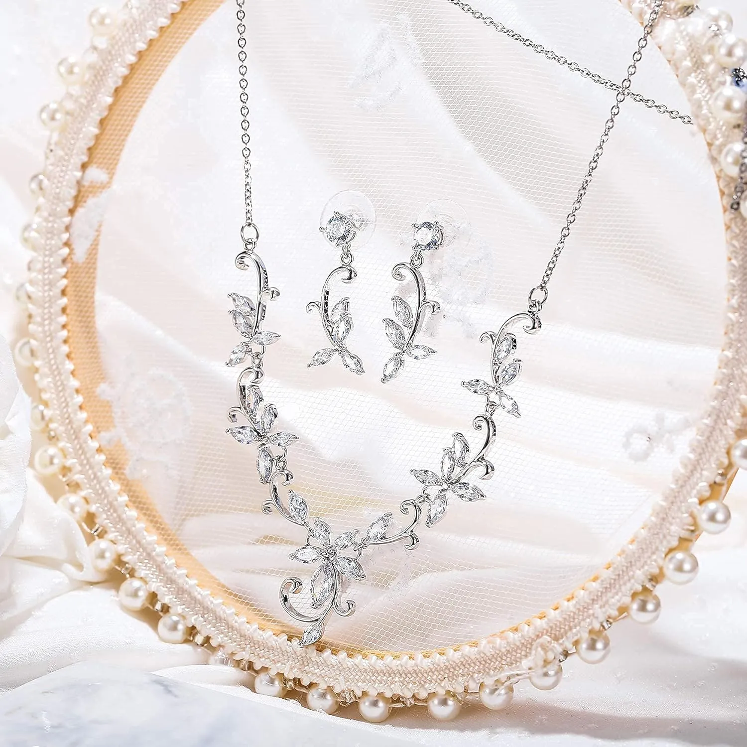 Crysdue Flower Leaf Wedding Jewelry Set for Bridal Bridemaid, Cubic Zirconia Teardrop Elegant Silver/14K/Rose Gold Plated Vine Necklace Dangle Earrings for Prom Party