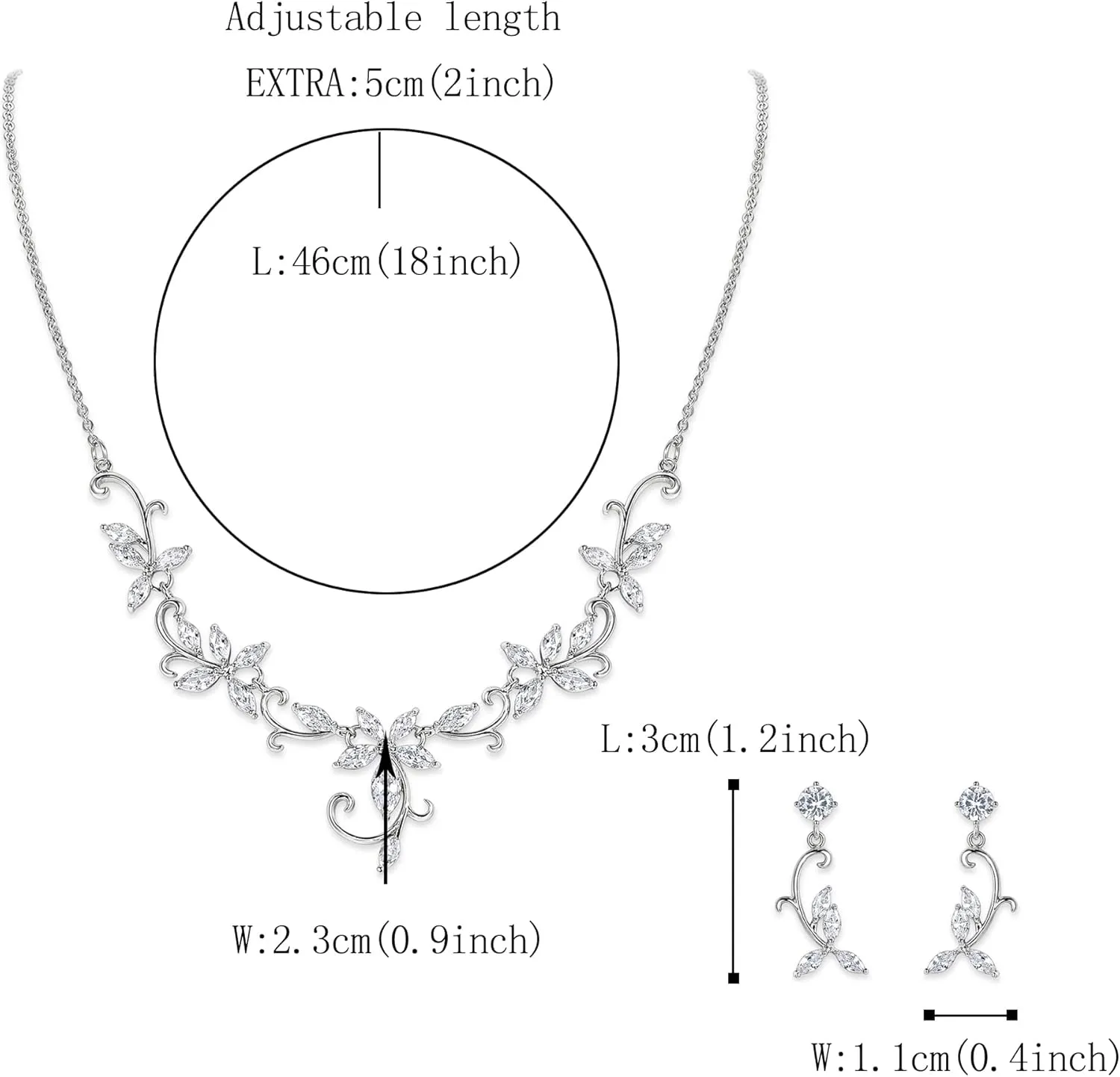 Crysdue Flower Leaf Wedding Jewelry Set for Bridal Bridemaid, Cubic Zirconia Teardrop Elegant Silver/14K/Rose Gold Plated Vine Necklace Dangle Earrings for Prom Party