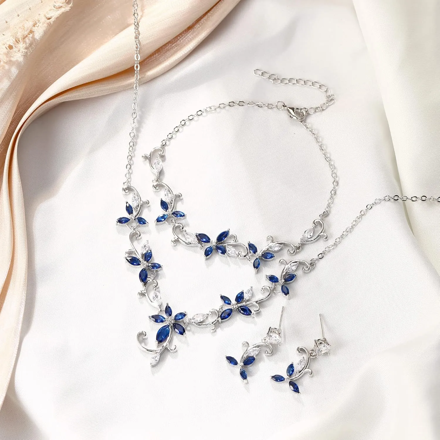 Crysdue Flower Leaf Wedding Jewelry Set for Bridal Bridemaid, Cubic Zirconia Teardrop Elegant Silver/14K/Rose Gold Plated Vine Necklace Dangle Earrings for Prom Party