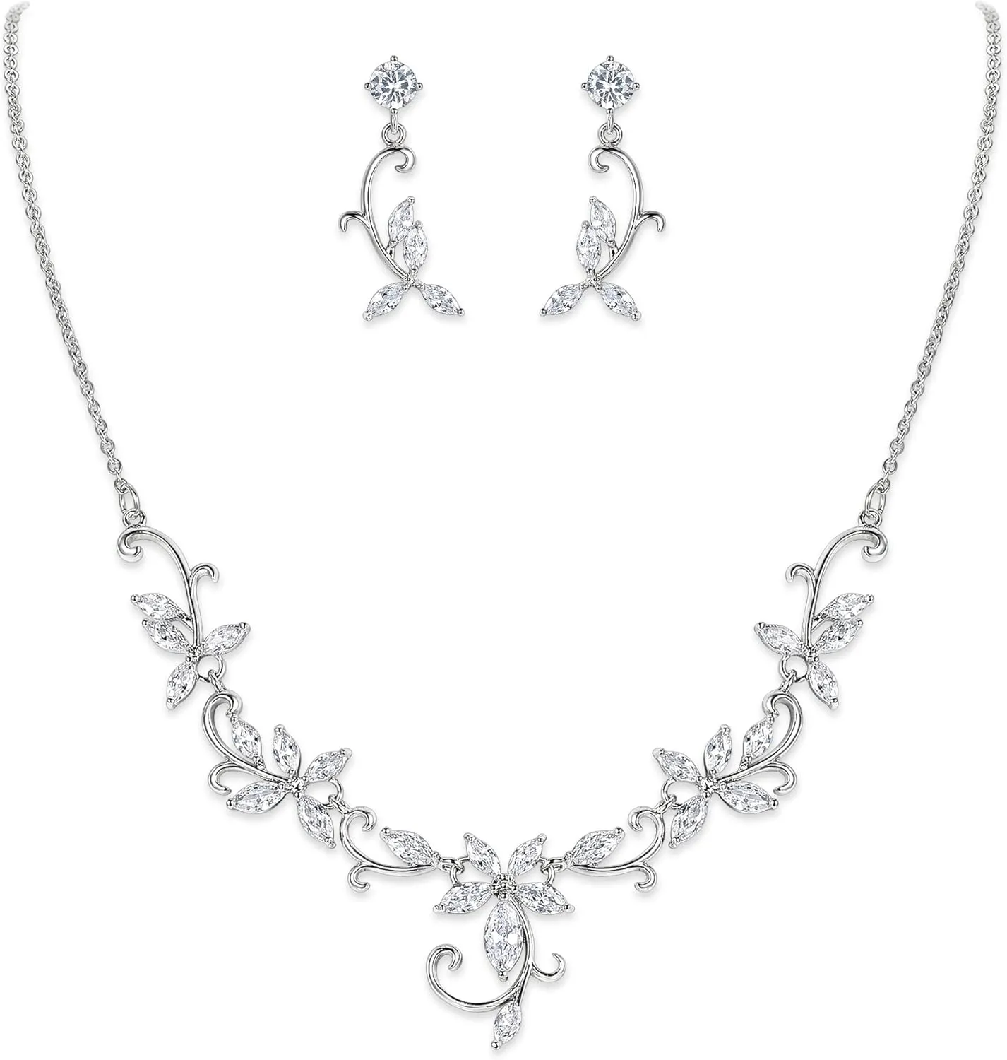 Crysdue Flower Leaf Wedding Jewelry Set for Bridal Bridemaid, Cubic Zirconia Teardrop Elegant Silver/14K/Rose Gold Plated Vine Necklace Dangle Earrings for Prom Party