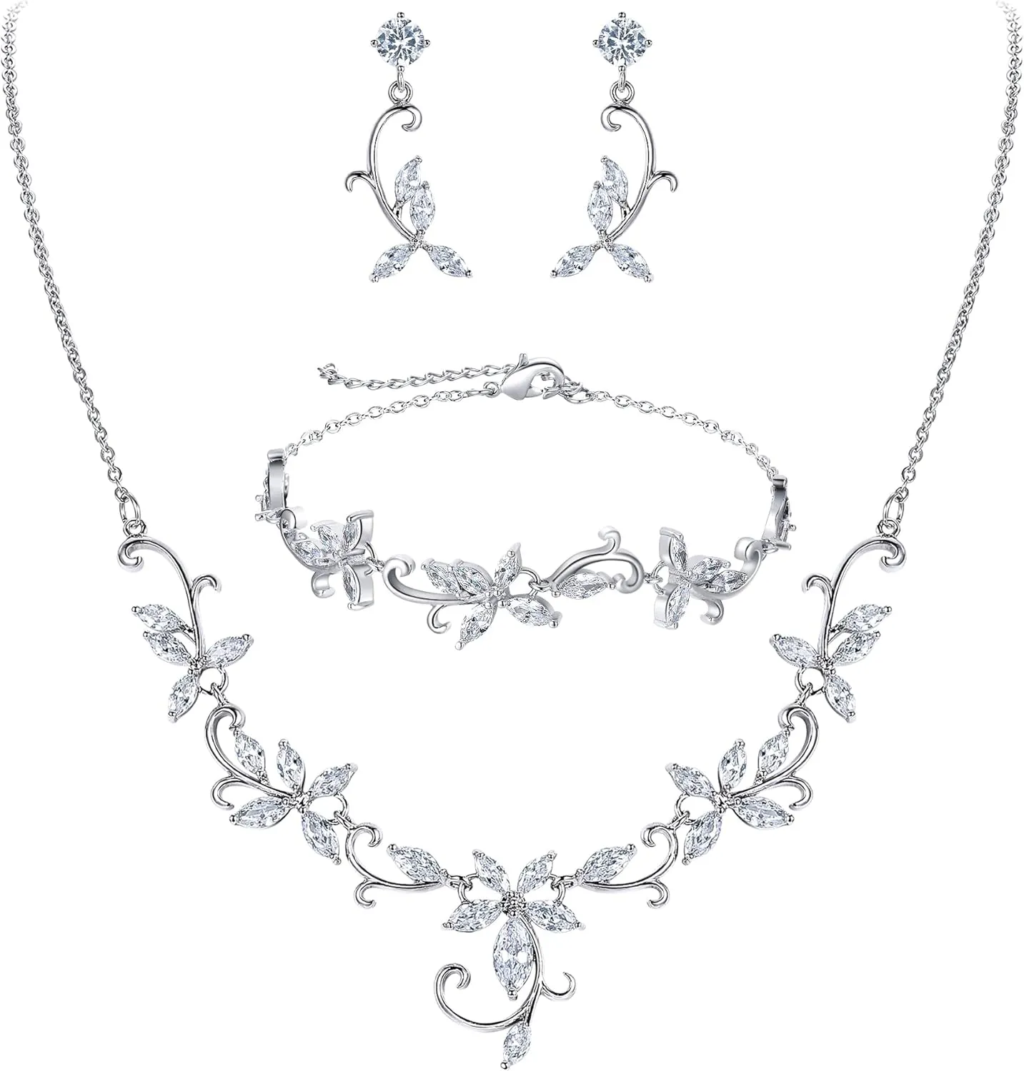 Crysdue Flower Leaf Wedding Jewelry Set for Bridal Bridemaid, Cubic Zirconia Teardrop Elegant Silver/14K/Rose Gold Plated Vine Necklace Dangle Earrings for Prom Party