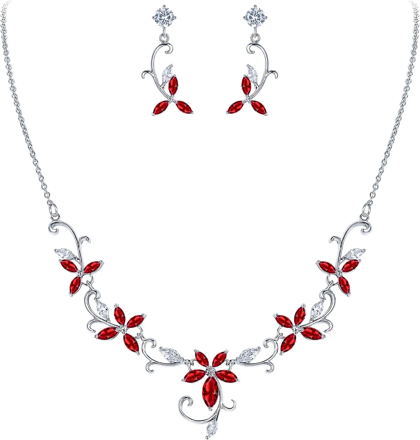 Crysdue Flower Leaf Wedding Jewelry Set for Bridal Bridemaid, Cubic Zirconia Teardrop Elegant Silver/14K/Rose Gold Plated Vine Necklace Dangle Earrings for Prom Party
