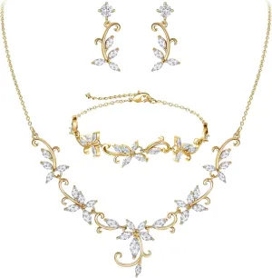 Crysdue Flower Leaf Wedding Jewelry Set for Bridal Bridemaid, Cubic Zirconia Teardrop Elegant Silver/14K/Rose Gold Plated Vine Necklace Dangle Earrings for Prom Party