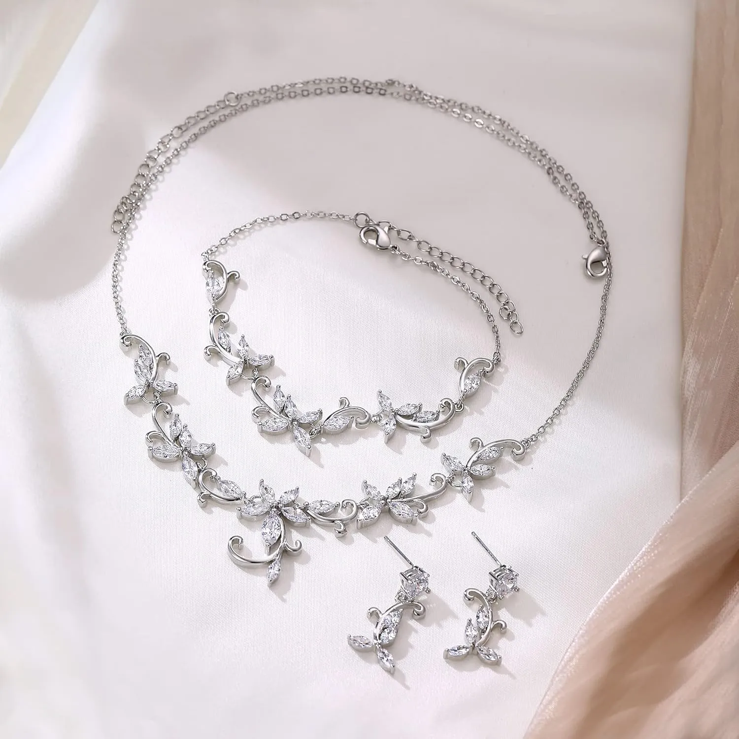 Crysdue Flower Leaf Wedding Jewelry Set for Bridal Bridemaid, Cubic Zirconia Teardrop Elegant Silver/14K/Rose Gold Plated Vine Necklace Dangle Earrings for Prom Party