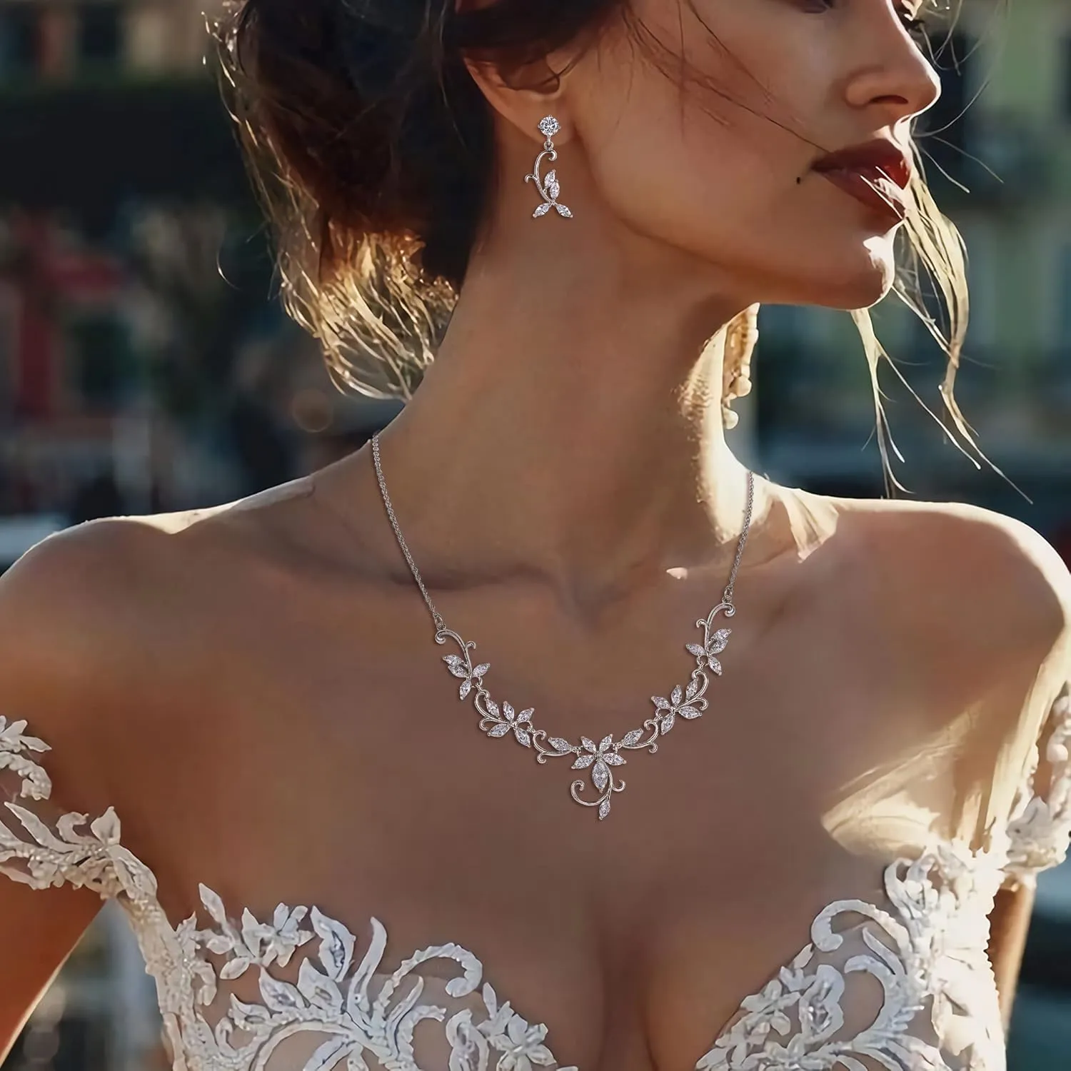 Crysdue Flower Leaf Wedding Jewelry Set for Bridal Bridemaid, Cubic Zirconia Teardrop Elegant Silver/14K/Rose Gold Plated Vine Necklace Dangle Earrings for Prom Party