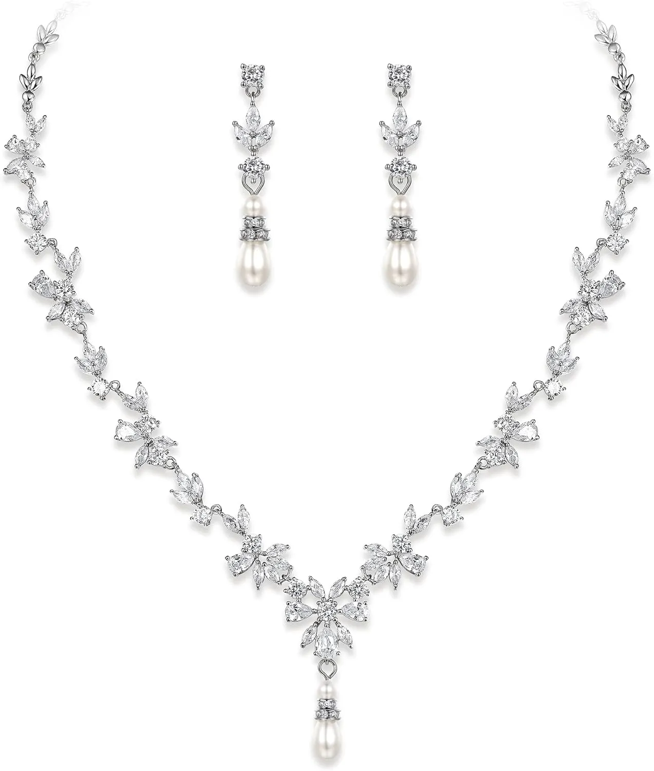 Crysdue Wedding Jewelry Set for Women, Floral Leaf Vine Teardrop Necklace Dangle Earrings Bracelet and Hair Comb, Cubic Zirconia Elegant Party Prom Jewellery for Bridal Bridesmaid
