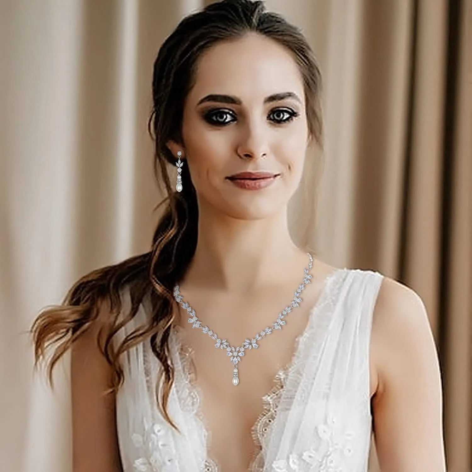 Crysdue Wedding Jewelry Set for Women, Floral Leaf Vine Teardrop Necklace Dangle Earrings Bracelet and Hair Comb, Cubic Zirconia Elegant Party Prom Jewellery for Bridal Bridesmaid