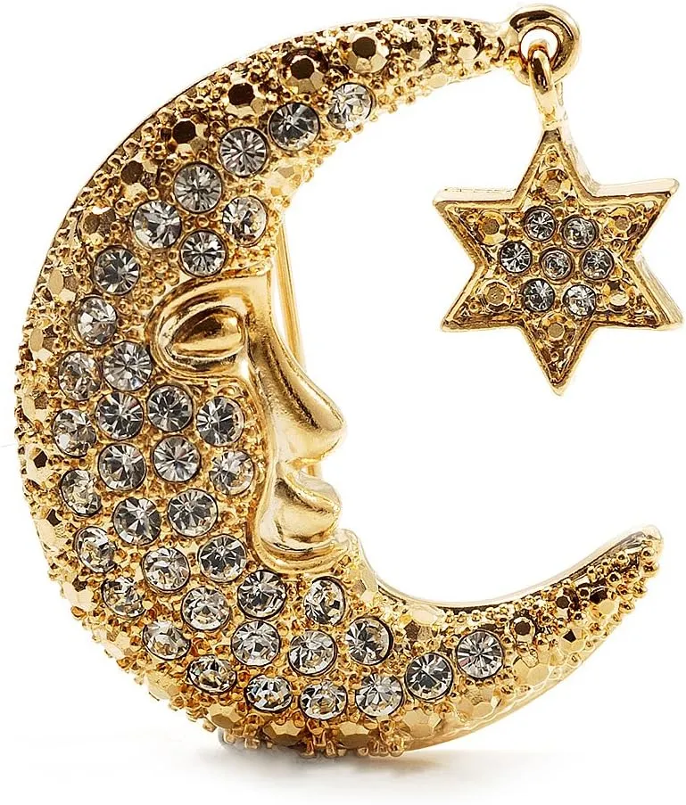 Crystal Moon And Star Fashion Brooch (Gold Tone)