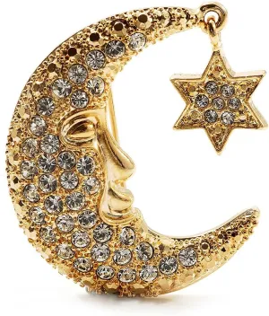 Crystal Moon And Star Fashion Brooch (Gold Tone)