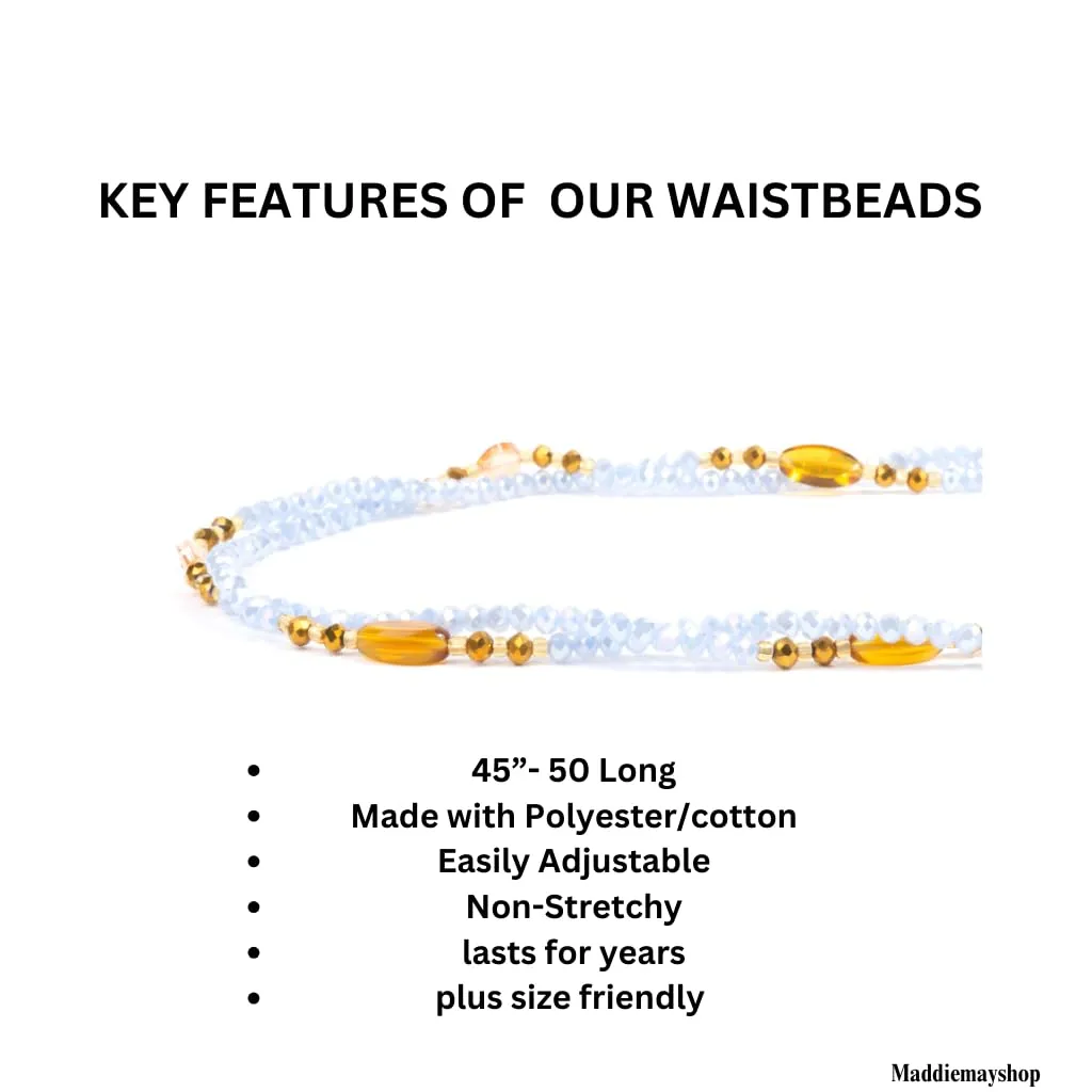 Crystal Waist Beads, Luxury Wasit Beads, Tie On Waist Beads, Waist Beads, Waistbeads for weightloss, weightloss tracker, Belly beads, belly chain, Handmade waistbeads 45" Long (Blue)