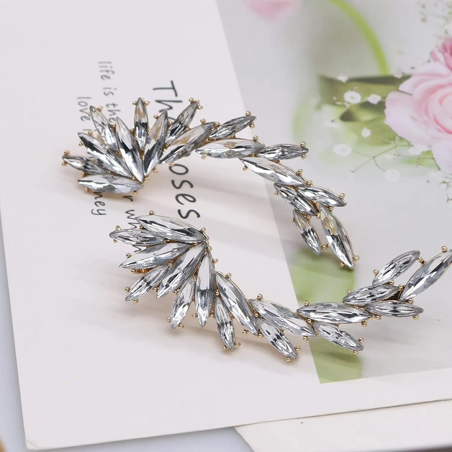 Crystal Zircon Leaf Climbers Crawler Earrings Cute Rhinestone Ear Cuff Wrap Clip Stud Earring Climber Top Ear Clip Fashion Jewelry Jacket for Women Gold Silver Plated
