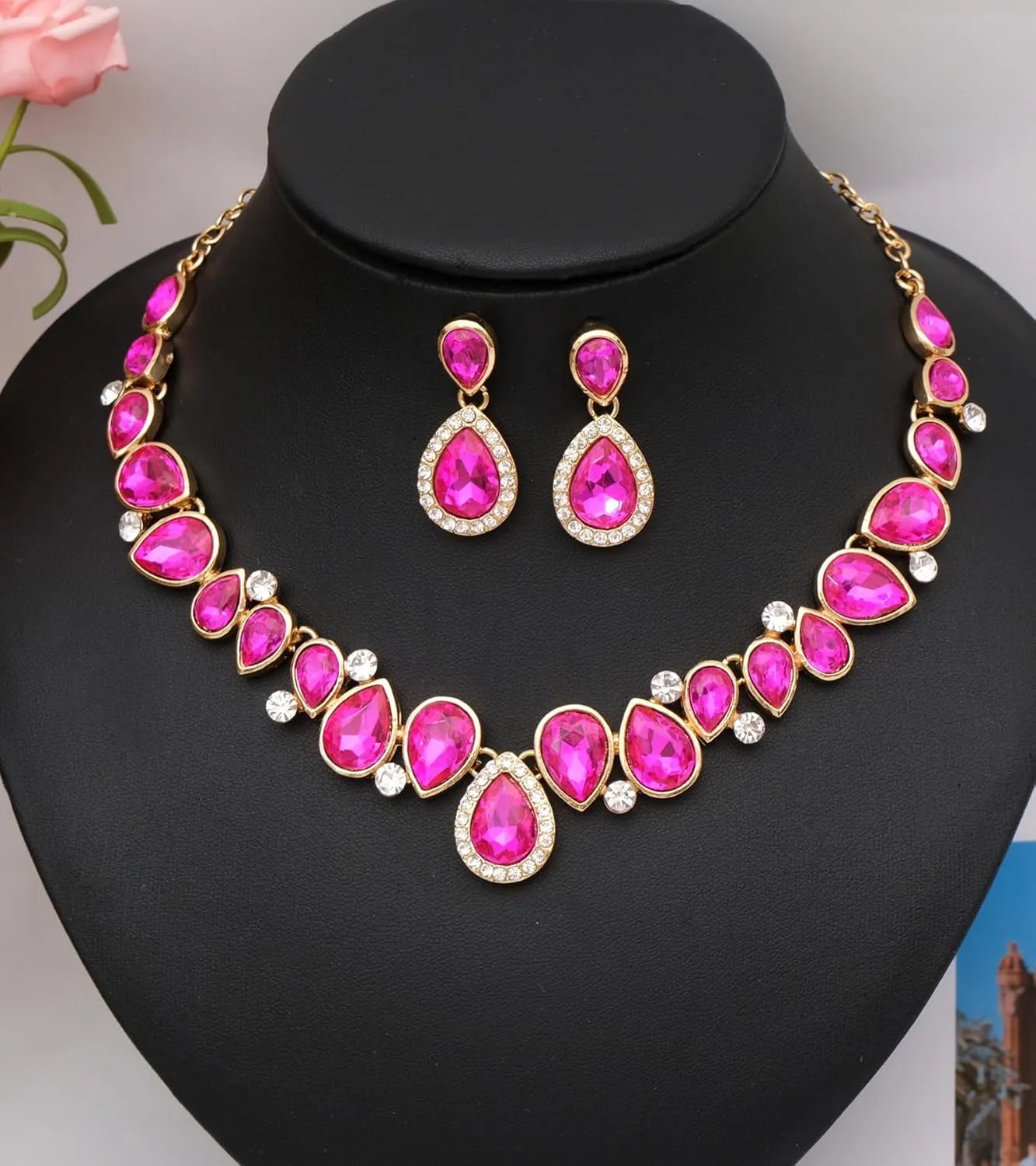 CSY Elegant Bridal Necklace Earrings Bracelet Ring Set for Bride Bridesmaid Tear Drop Crystal Wedding Prom Costume Jewelry Sets for Women