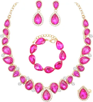 CSY Elegant Bridal Necklace Earrings Bracelet Ring Set for Bride Bridesmaid Tear Drop Crystal Wedding Prom Costume Jewelry Sets for Women