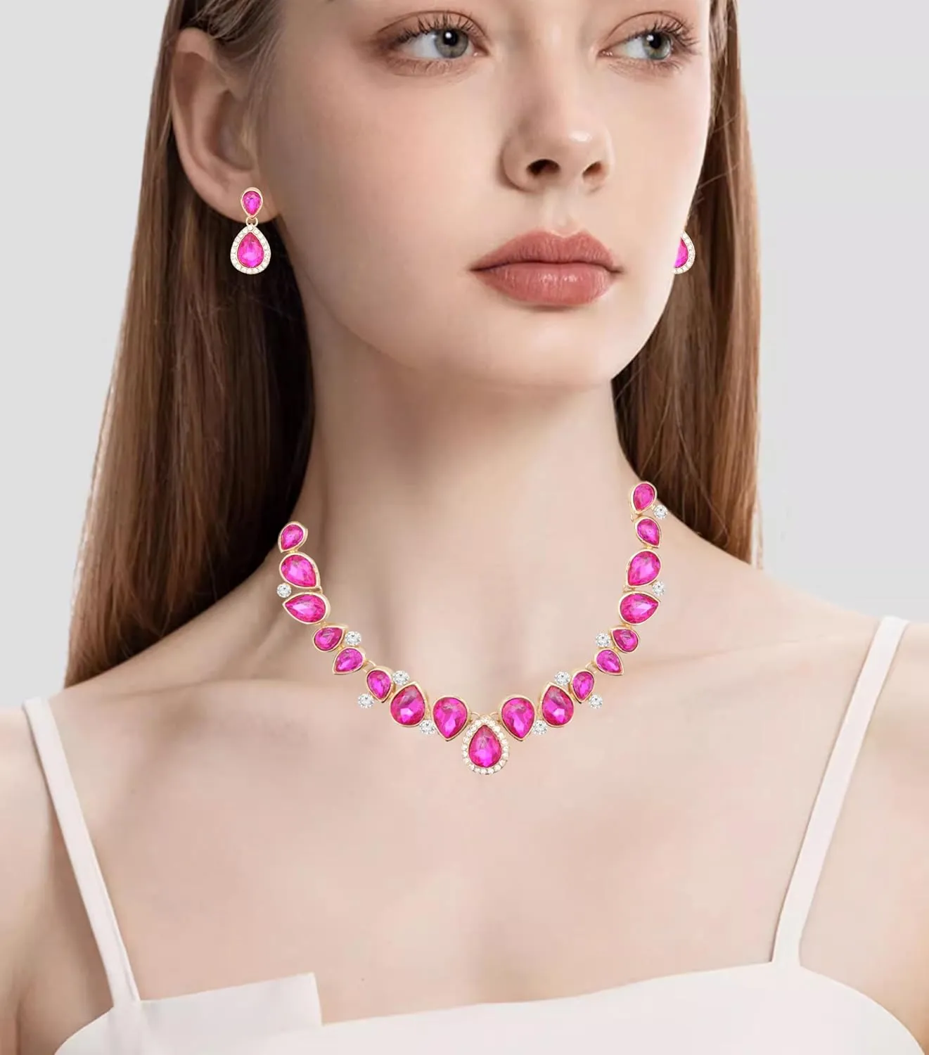 CSY Elegant Bridal Necklace Earrings Bracelet Ring Set for Bride Bridesmaid Tear Drop Crystal Wedding Prom Costume Jewelry Sets for Women